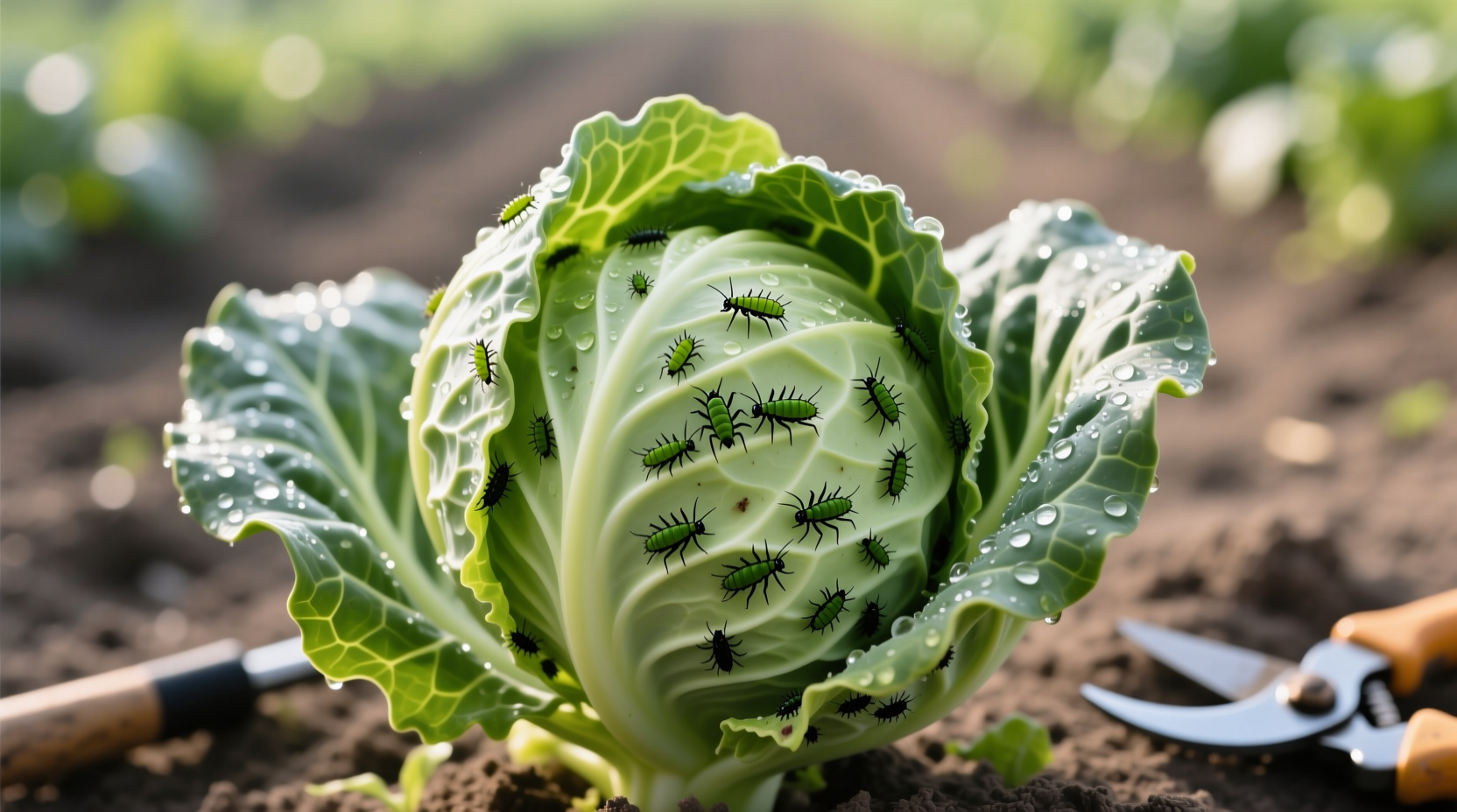 Curled cabbage leaves hiding aphids requiring pruning before pesticide application in spring vegetable gardens