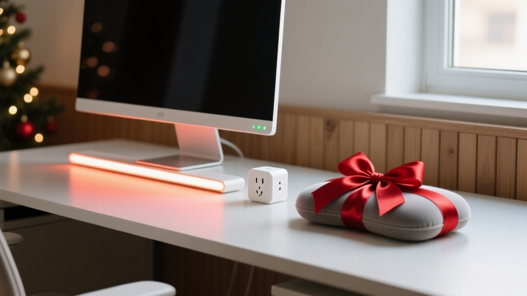 Festive home office desk setup featuring a monitor light bar, smart plug, and ergonomic wrist rest wrapped with a red ribbon