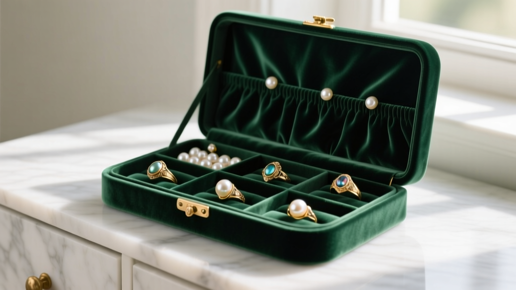 An open dark green silk velvet jewelry organizer with dedicated slots for antique rings and pearls, resting on a marble dresser