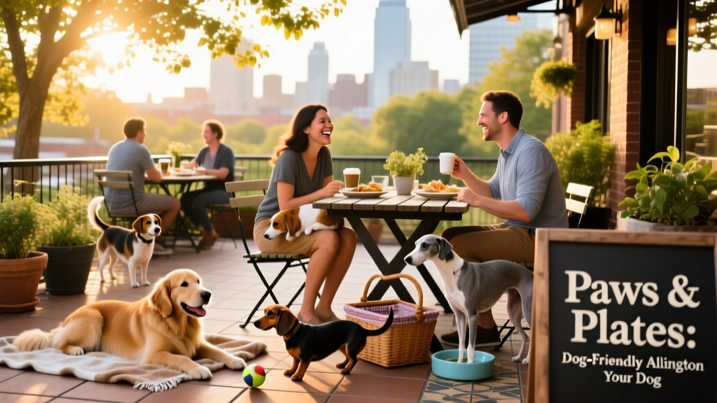 A cheerful outdoor patio at a dog-friendly restaurant in Arlington, with dogs lounging beside diners