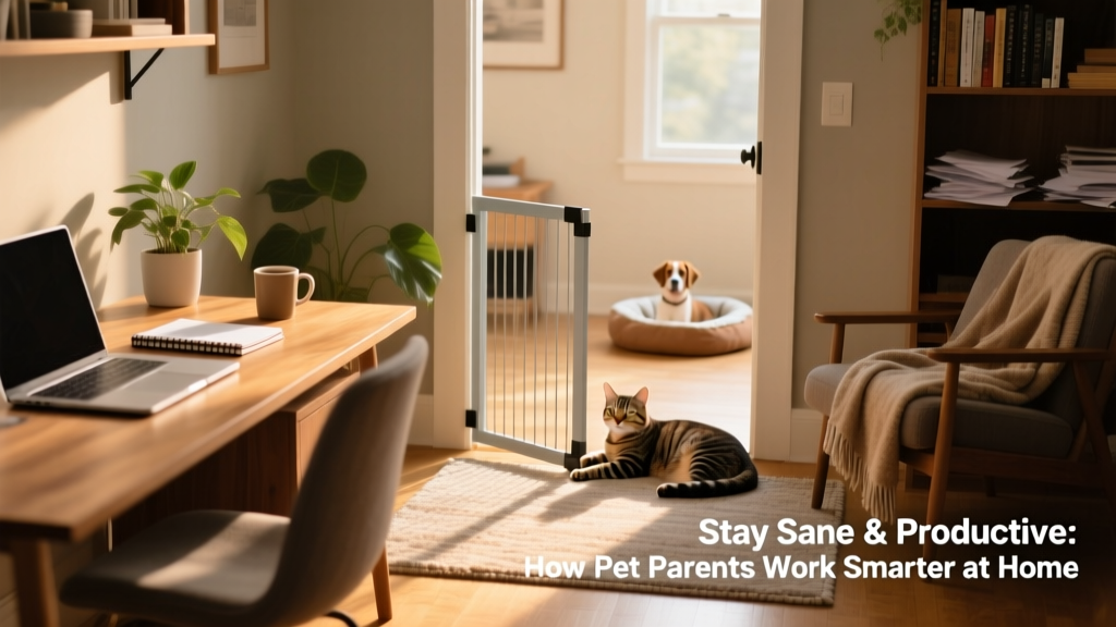 A home office setup with a pet gate partially blocking the doorway, showing a cat lounging just outside