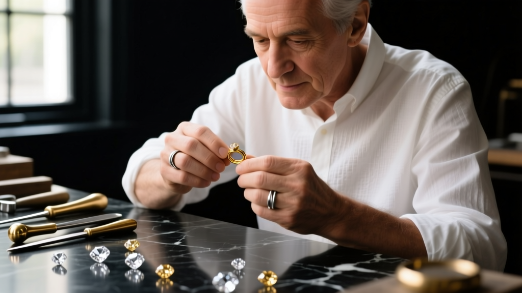 Close-up of a jeweler's torch melting a platinum band on a ceramic soldering block in a dimly lit Brooklyn workshop, sparks flying