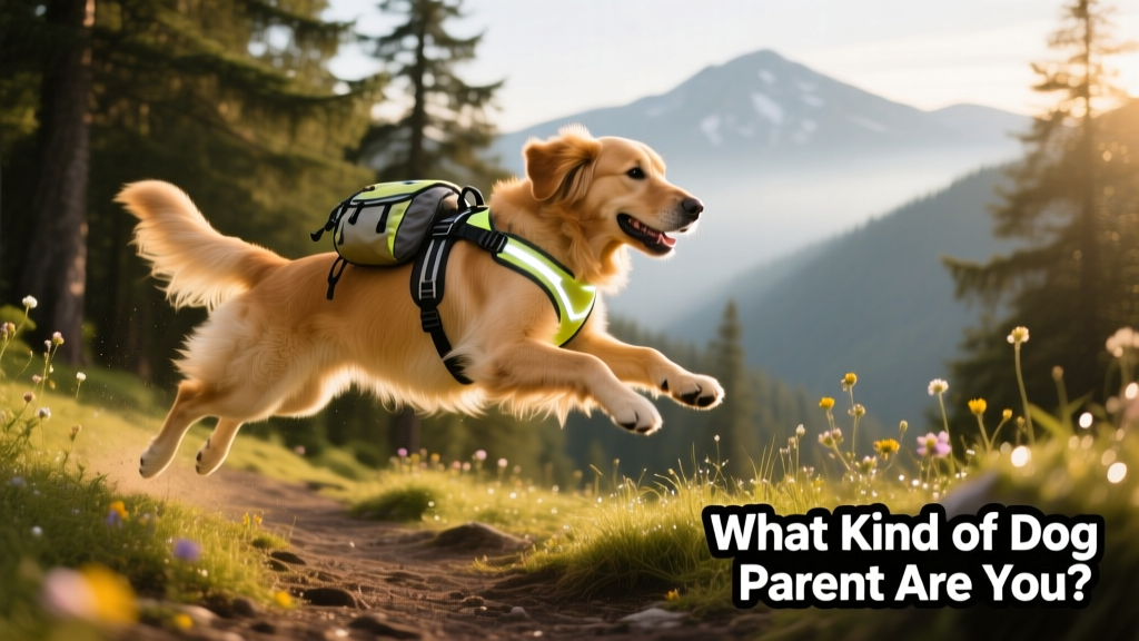 An energetic dog leaping mid-air during an outdoor hike, wearing a reflective harness and carrying a lightweight backpack