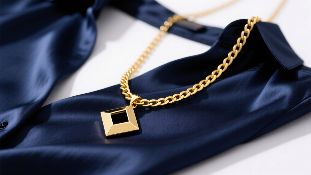 A 4mm 14k yellow gold curb chain necklace with a geometric pendant resting on a navy silk blouse under soft studio lighting