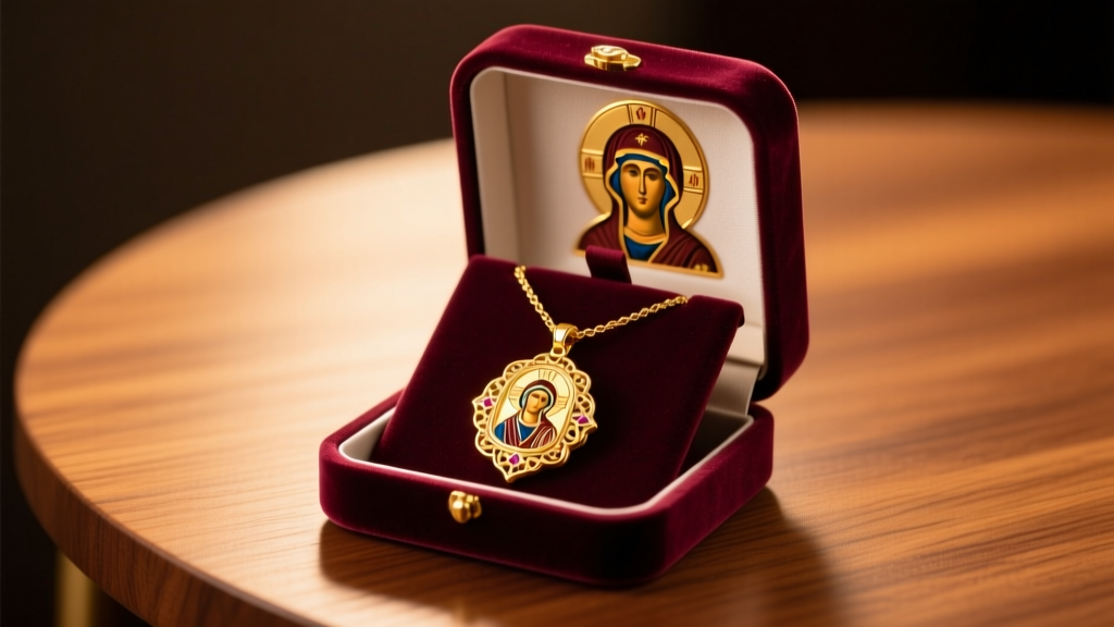 Open velvet box revealing a 14k gold orthodox icon necklace of the Theotokos on a wooden table under warm, soft studio lighting