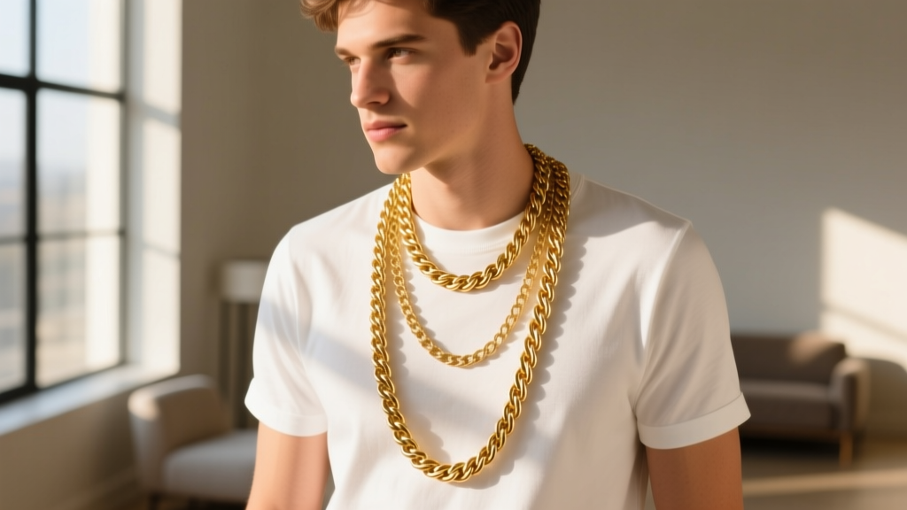 A man layering a 20-inch 3mm figaro chain and a 24-inch rope chain over a crisp white t-shirt in bright, warm, natural sunlight.