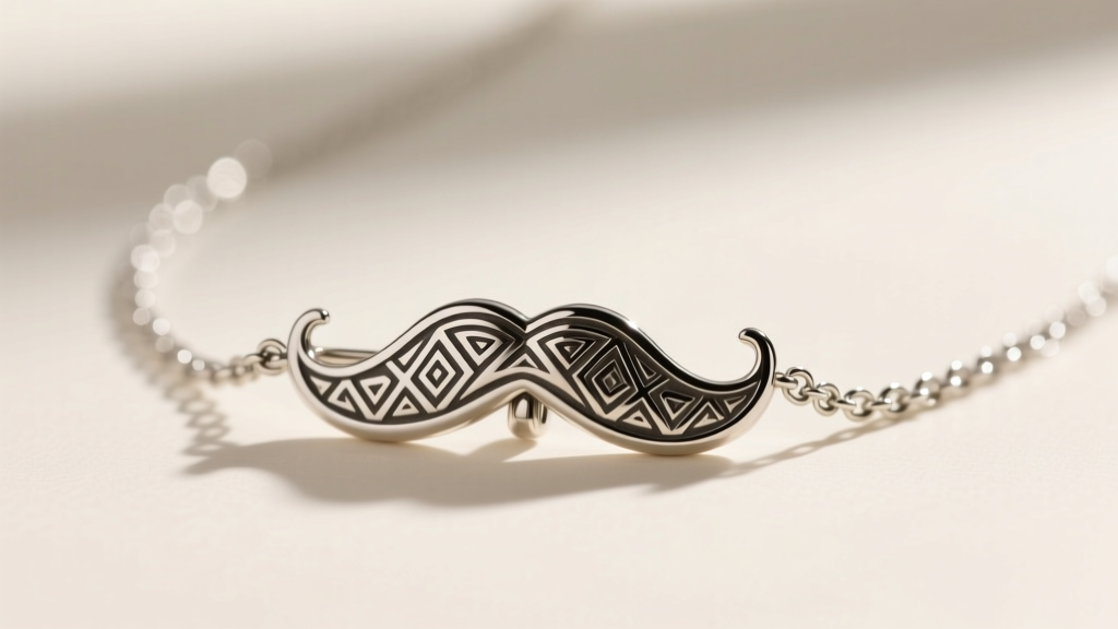 Macro shot of a mustache necklace clasp and chain, showing a maker's mark on the jump ring under bright, warm studio lighting