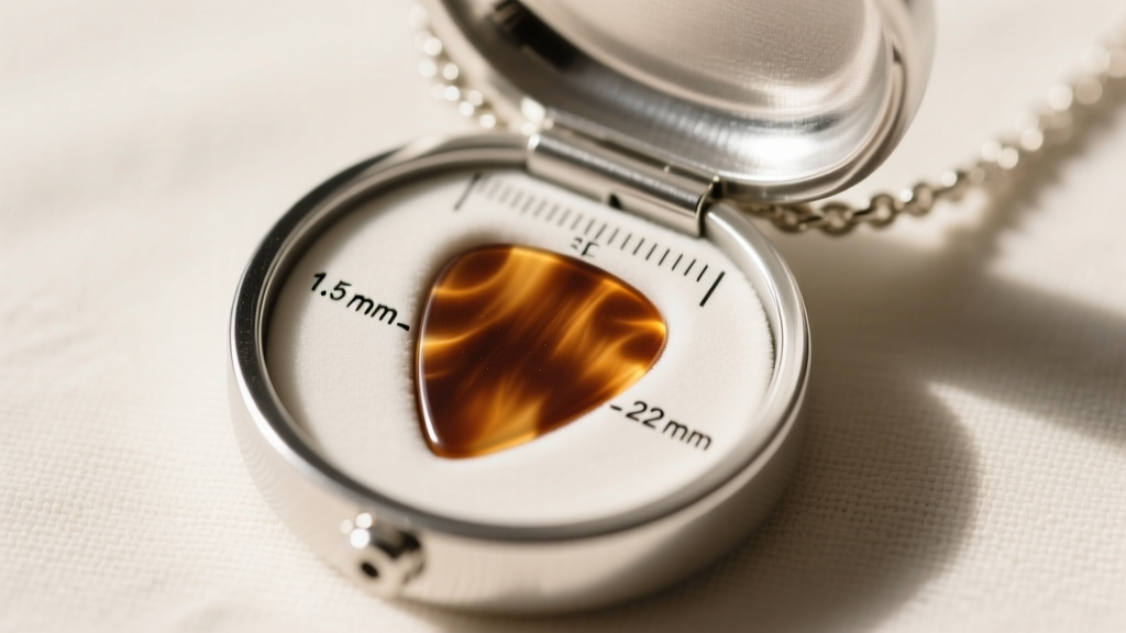 Technical drawing of a silver guitar pick case necklace interior holding a celluloid pick, showing precise millimeter dimensions.