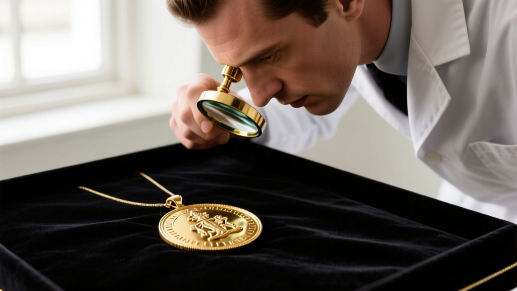 Jeweler using a loupe to inspect a hallmark on a Victorian 22k gold British sovereign pendant mount resting on dark velvet