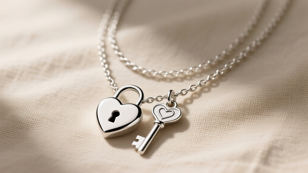 Sterling silver heart lock and key necklace layered with a 1mm cable chain on a beige linen background in natural light.