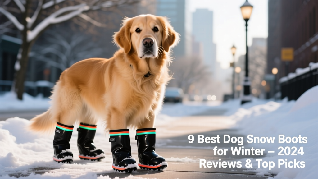 Close-up of a dog wearing black snow boots with reflective trim, standing confidently on snow-covered pavement