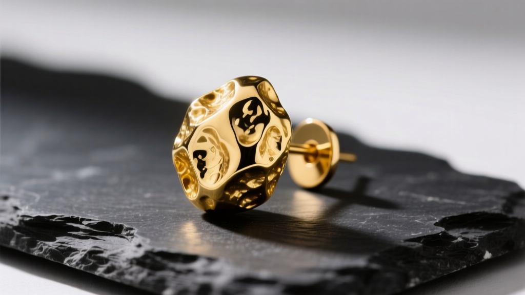 Textured 14k yellow gold nugget earring on dark slate, highlighting organic crevices under soft, directional studio lighting.