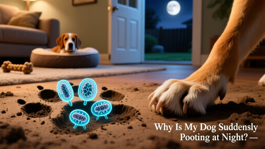 Microscopic illustration of Giardia cysts next to a dog’s paw print