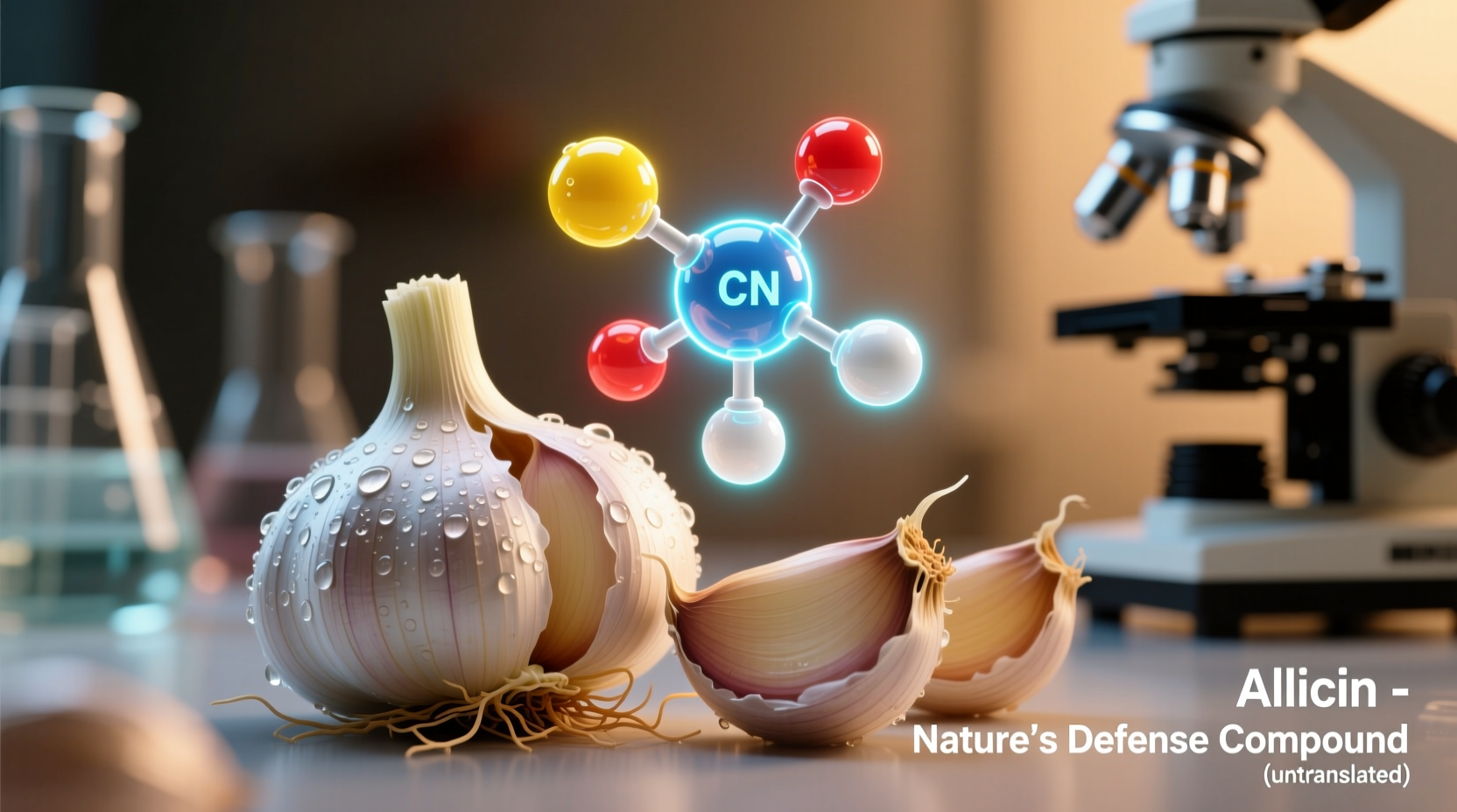 Fresh garlic cloves with magnified allicin molecule