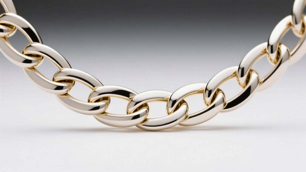 Macro photo of an 18k white gold Italian Franco chain showing tightly interlocked V-shaped links under soft studio lighting.