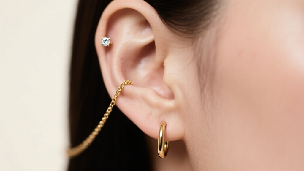 Close-up of an earlobe with a fine gold chain linking a stud in the first hole to a small hoop in the second hole, soft lighting.