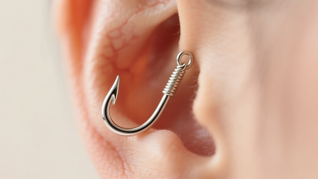 Macro shot of a 20-gauge sterling silver fishhook earring wire looping through a pierced earlobe under soft, warm studio lighting.