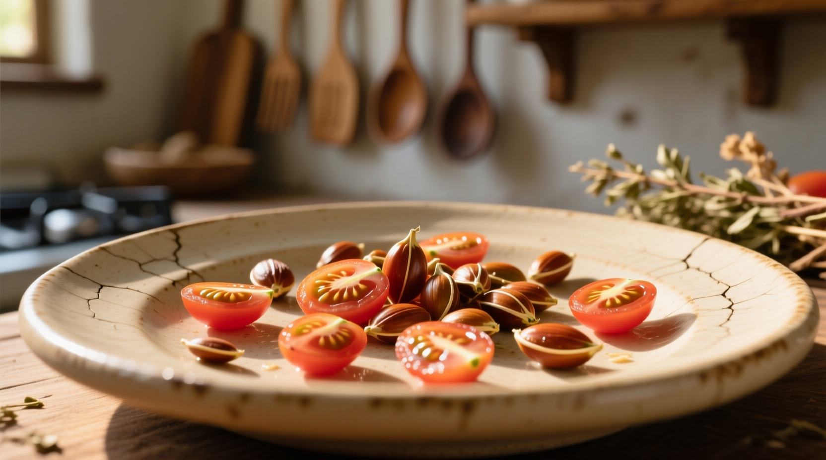 Tomato seeds drying on ceramic plate