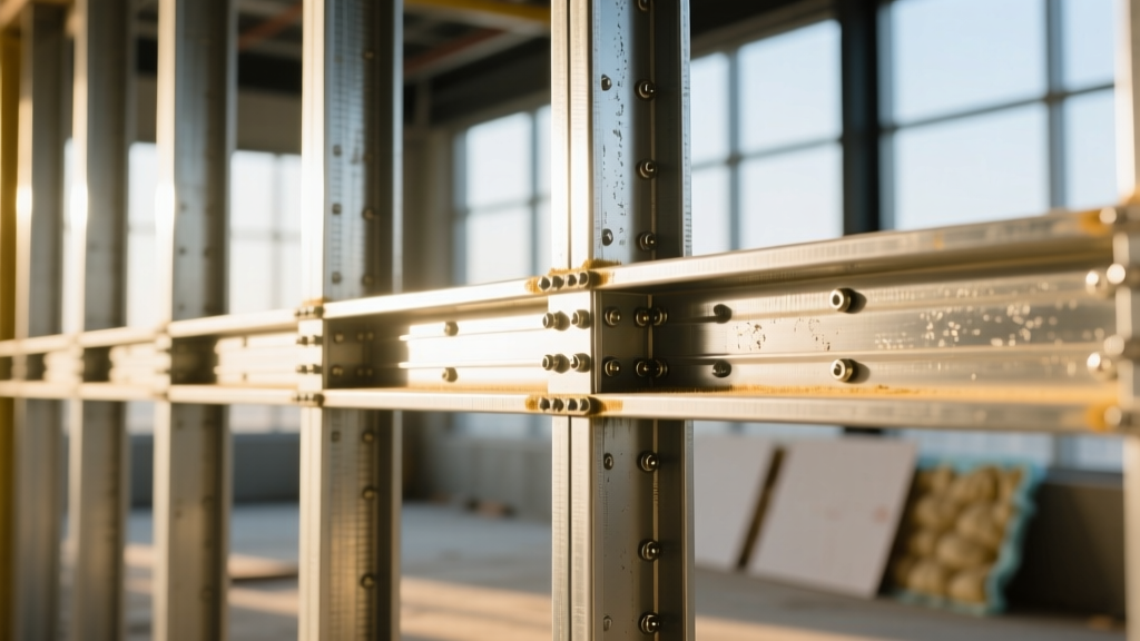 Close-up of galvanized steel studs and tracks forming an interior load-bearing wall frame in a brightly lit commercial build.