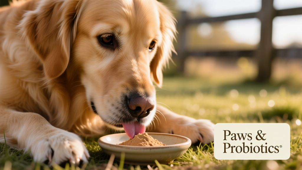 Close-up of a dog gently licking a probiotic powder from a small dish