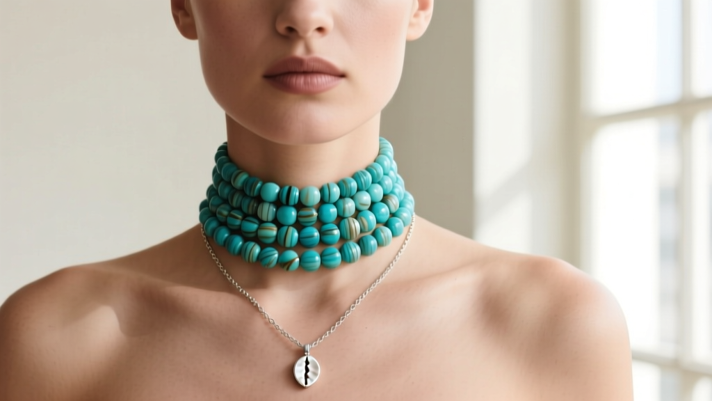 Layered necklace stack with a 16-inch turquoise puka shell choker paired with a silver pendant on a 20-inch chain on a model