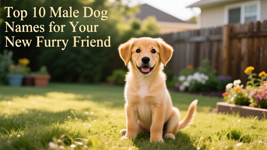 A happy, energetic male puppy sitting outdoors, looking alert and friendly
