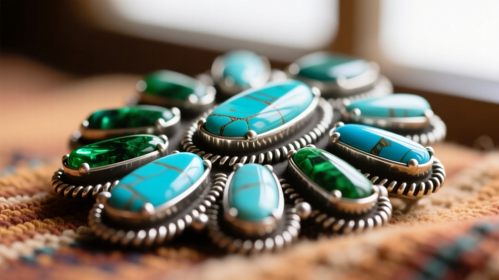 Macro photography of Zuni needlepoint stonework showing elongated turquoise cabochons set in individual serrated silver bezels.