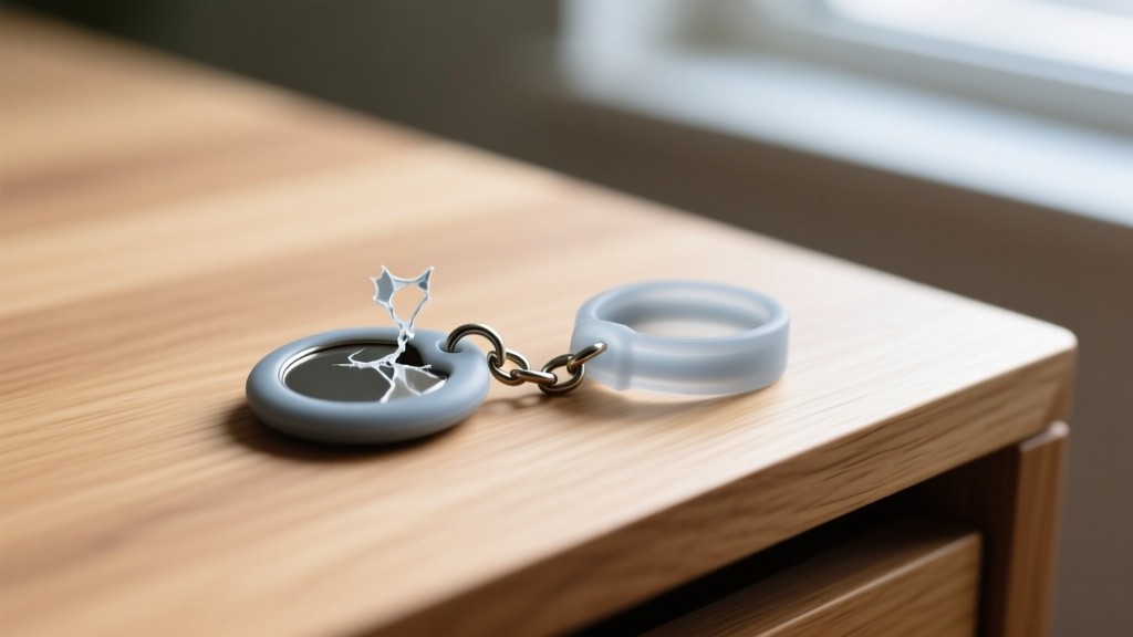 Macro shot of torn silicone air tag holder loop showing the weak chain connection point, resting on a light oak wooden desk.