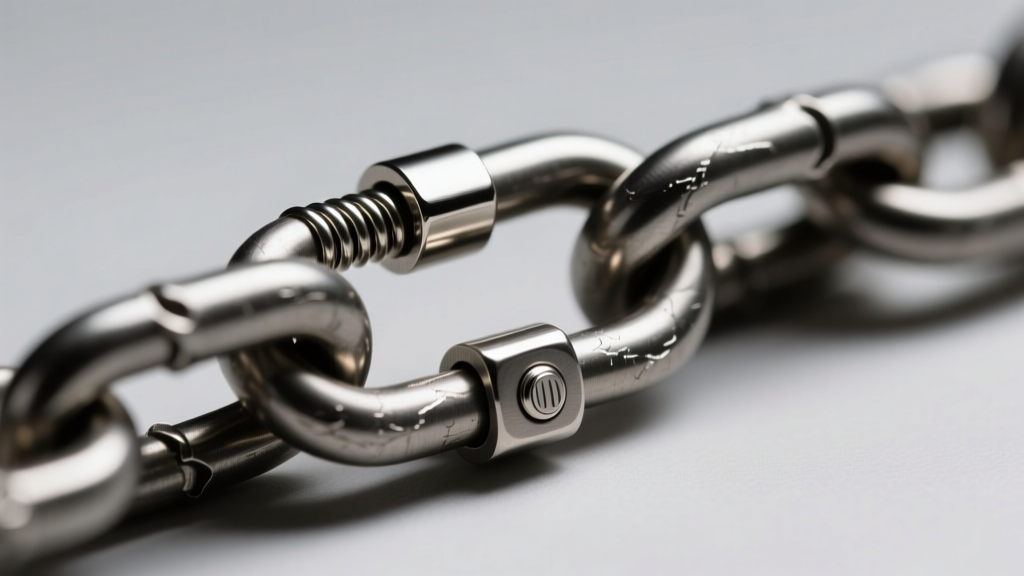 Close-up of a 12mm steel lobster clasp securing a thick tungsten chain, showing the spring mechanism and polished metal finish