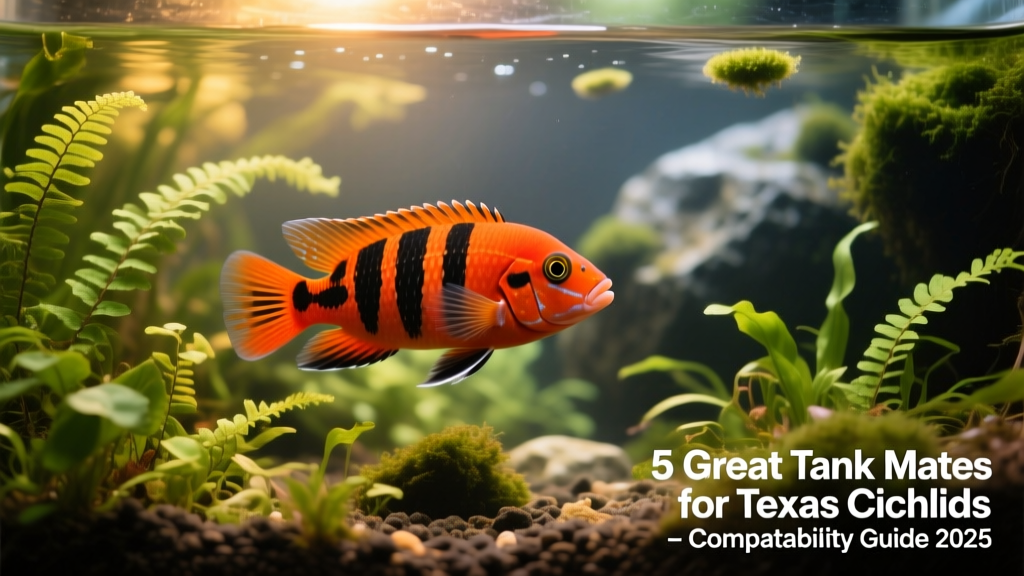 Texas Cichlid swimming confidently in a well-planted freshwater aquarium with moderate water flow