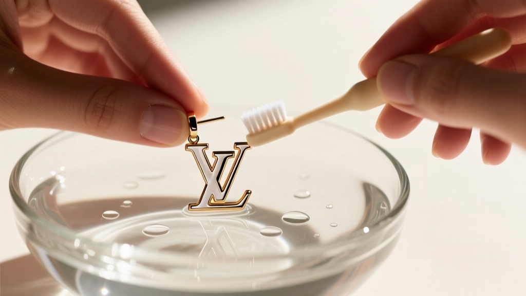 Hands gently brushing a resin LV Initial earring with a soft baby toothbrush dipped in mild soapy distilled water over glass bowl