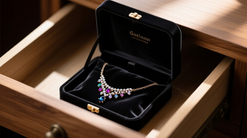Open velvet box showing a mood necklace stored inside a dark, opaque anti-tarnish pouch, placed within a shaded wooden drawer