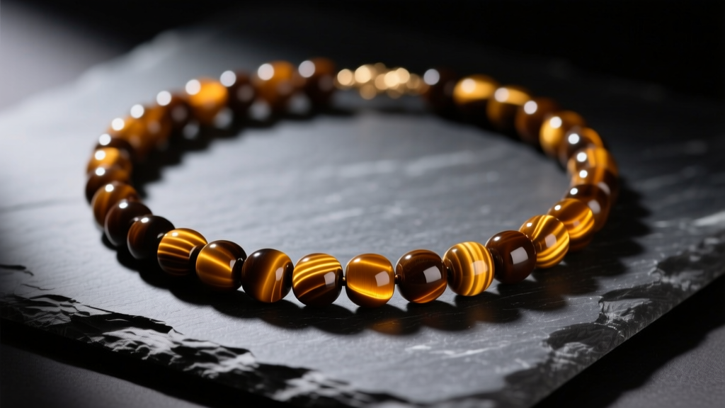 8mm brown tiger eye bead necklace on dark slate showing sharp golden chatoyancy bands under directional studio lighting.