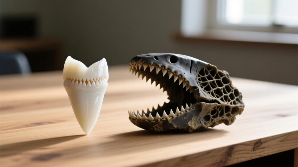 Great white shark tooth next to a fossilized megalodon on a wooden desk, illuminated by warm natural light for visual comparison