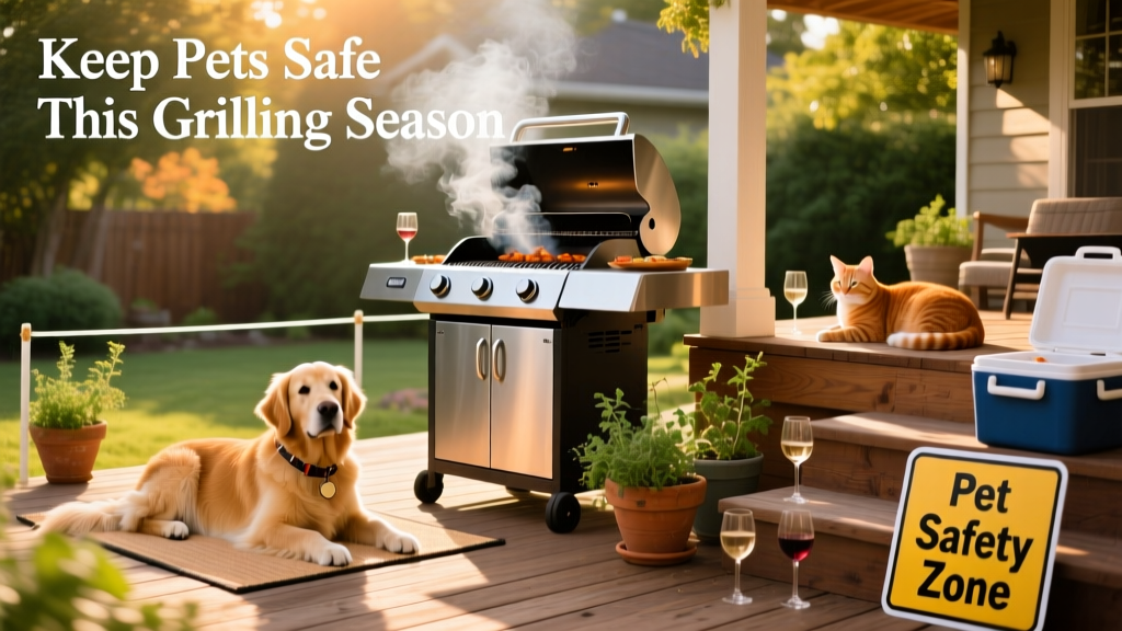 A backyard grilling scene with pets kept at a safe distance—dog on a shaded mat, cat lounging on a covered patio—while the grill operates safely nearby
