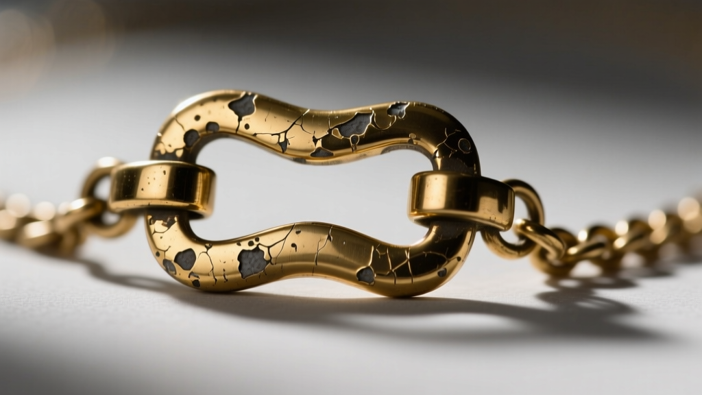 Macro shot of a worn necklace clasp showing exposed brass base metal beneath faded gold plating under harsh side lighting.