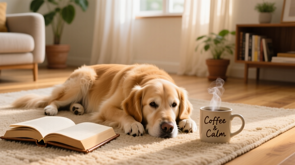 A senior golden retriever resting peacefully on a sunlit living room rug beside a book and mug