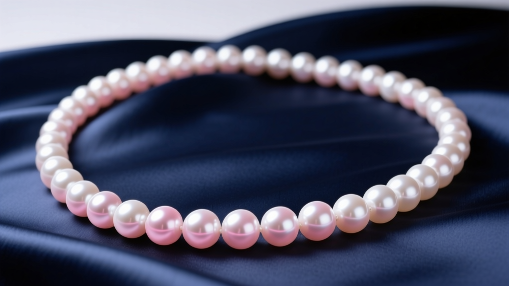 A 16-inch Akoya pearl strand resting on navy silk charmeuse, highlighting rosé overtones under soft directional studio lighting.