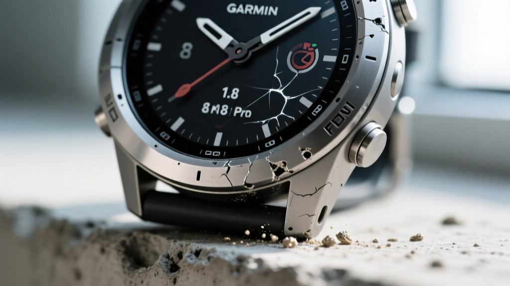 Macro photography of a Garmin Fenix 8 Pro titanium bezel showing micro-abrasions after a 1.8 meter drop test onto concrete