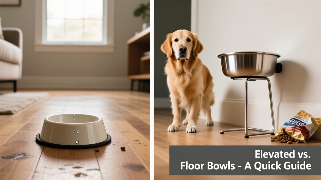 Side-by-side comparison of a standard dog bowl on the floor versus an elevated stainless-steel bowl at waist height