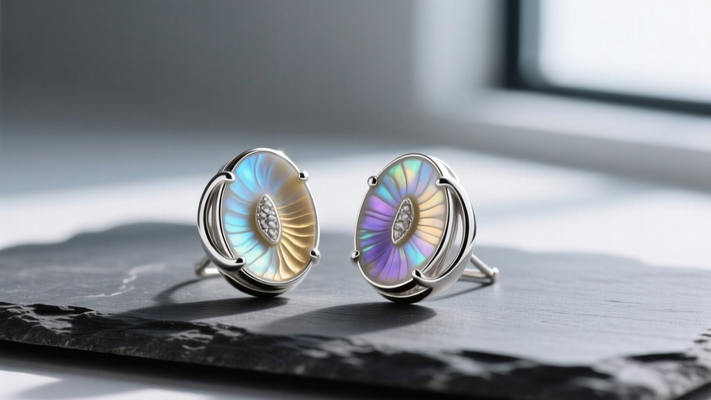Macro shot of polished otolith earrings set in brushed sterling silver on slate, highlighting their iridescent organic luster