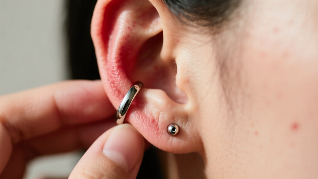 Person holding a 14-gauge 316L steel captive bead ring next to a slightly reddened earlobe, illustrating mild contact dermatitis