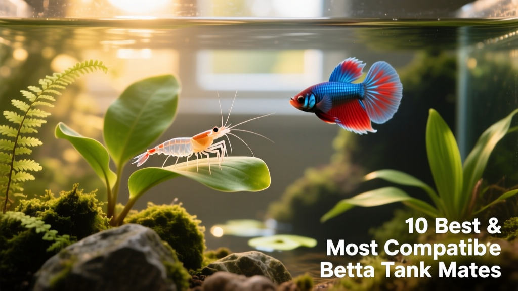 Cherry shrimp grazing on plant leaves beside a calm betta in a lush, planted aquarium