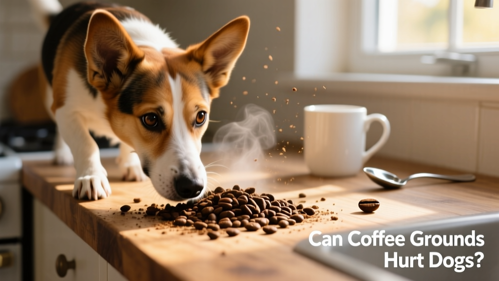 A curious dog sniffing near a spilled pile of used coffee grounds on a kitchen counter