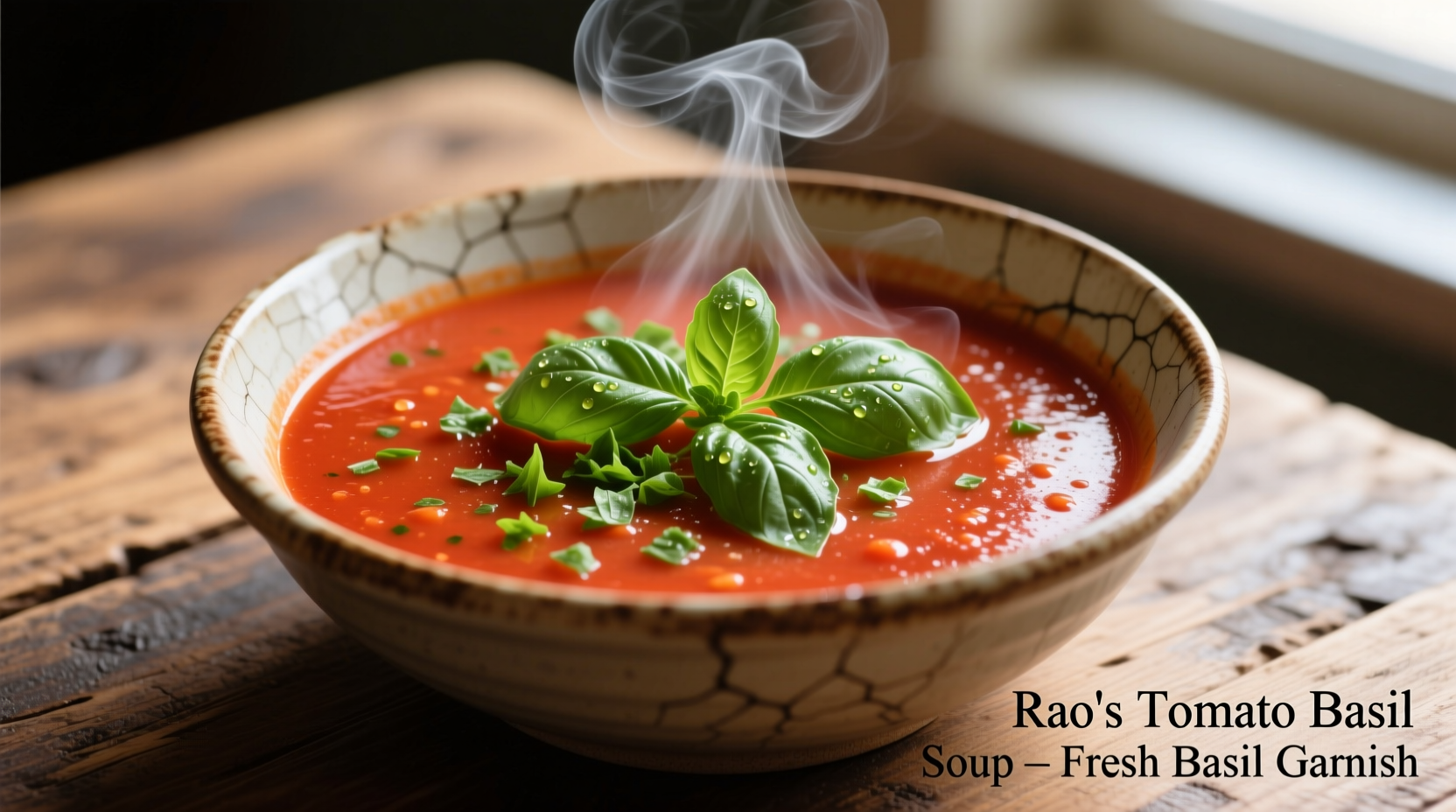 Rao's tomato basil soup with fresh basil garnish