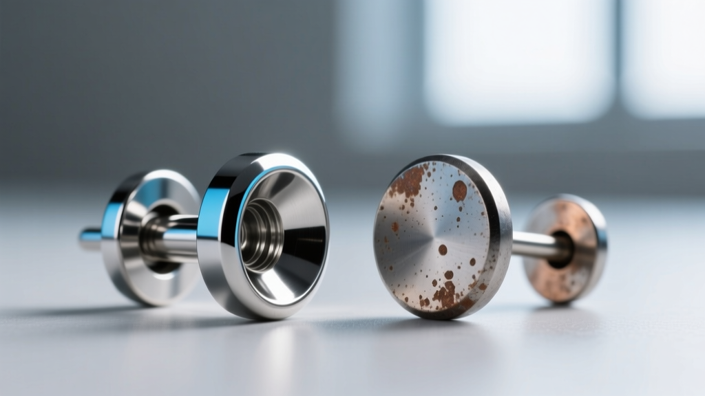 Extreme close-up of a mirror-polished ASTM F136 titanium earring post contrasted with a pitted, dull 316L surgical steel post.
