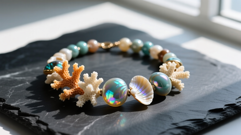 Finished sea beads jewelry piece with sponge coral and shell on dark slate, showcasing a protective micro-crystalline wax finish.