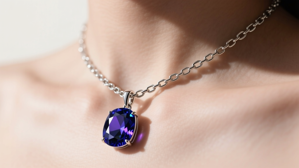 Close-up of 1.5mm sterling silver box chain holding a heavy sapphire pendant, showing sturdy weight distribution on a collarbone