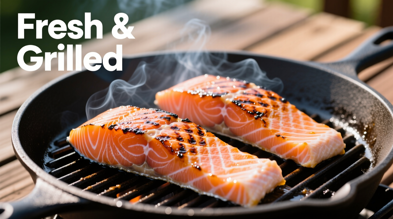 Fresh salmon fillets on preheated grill with visible sear marks