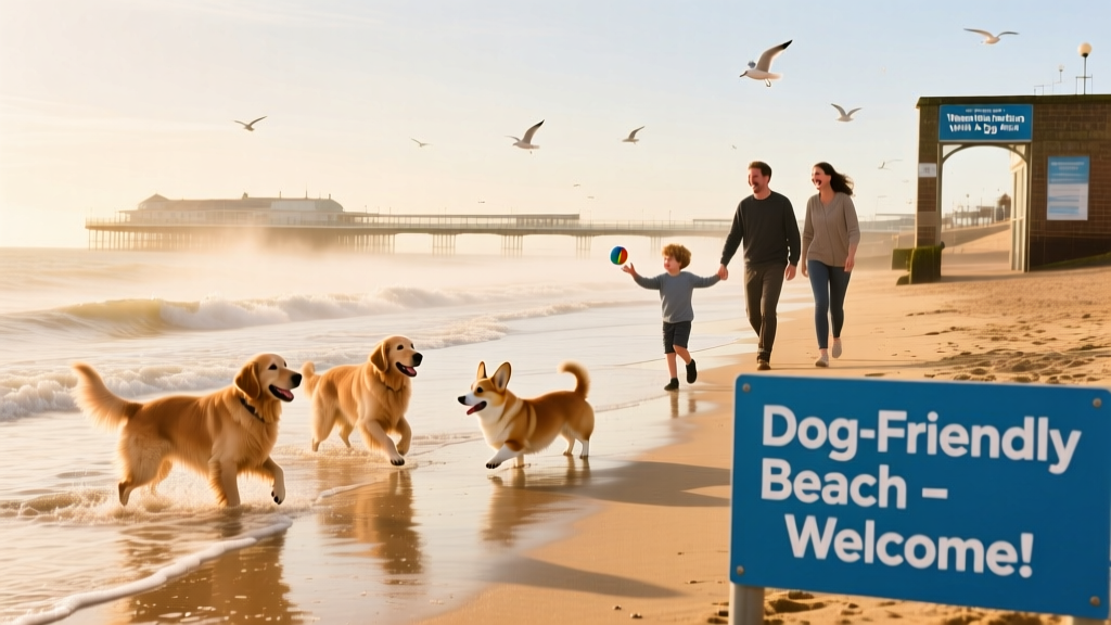 A sunny coastal scene showing dogs playing near the water's edge on Worthing Beach